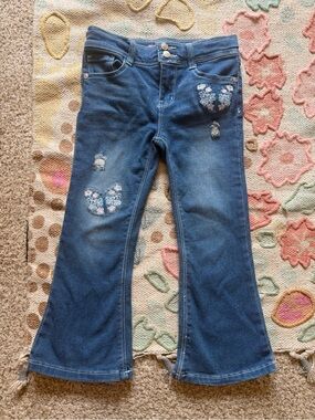 Beautees Dark Blue Floral Embroidered Flare Jeans